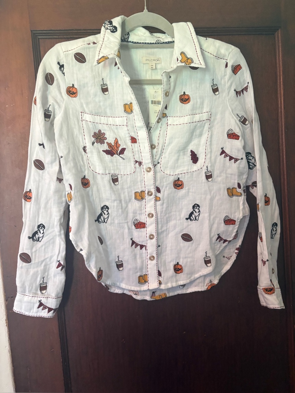 Pilcro Fall Print Button Down Shirt, Ivory, Size XXS, New With Tags